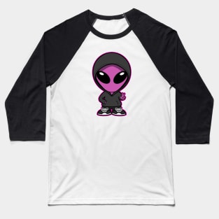 Hooded Space Alien Peace Hand Sign Pink Baseball T-Shirt